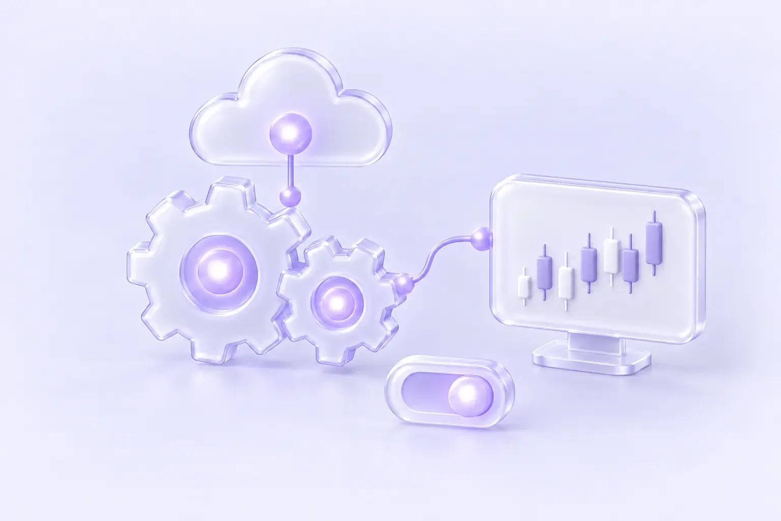 Illustration: gears and a cloud connected to a trading chart, with an on-off switch